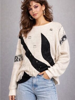 Bonnie and Bill Vintage 80’s Rhinestone, Fringe Navy Blue and Cream Sweater